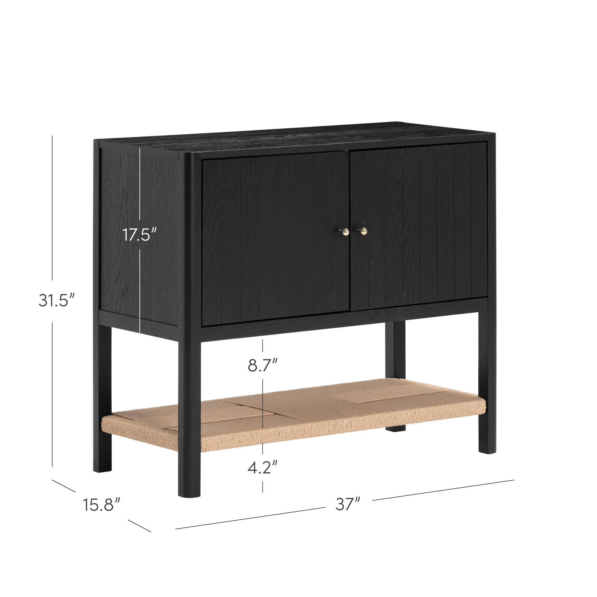 Nathan James Meads Mid Century Modern Cabinet with Doors, Solid Wood Kitchen Cabinet with Adjustable Interior Shelf and Seagrass Bottom Storage, Black Oak