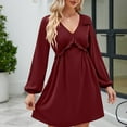thumbnail image 4 of Elainilye Fashion Vacation Dresses for Women Long Sleeve Solid Color V-Neck Short Skirt Casual Dress,Red, 4 of 6
