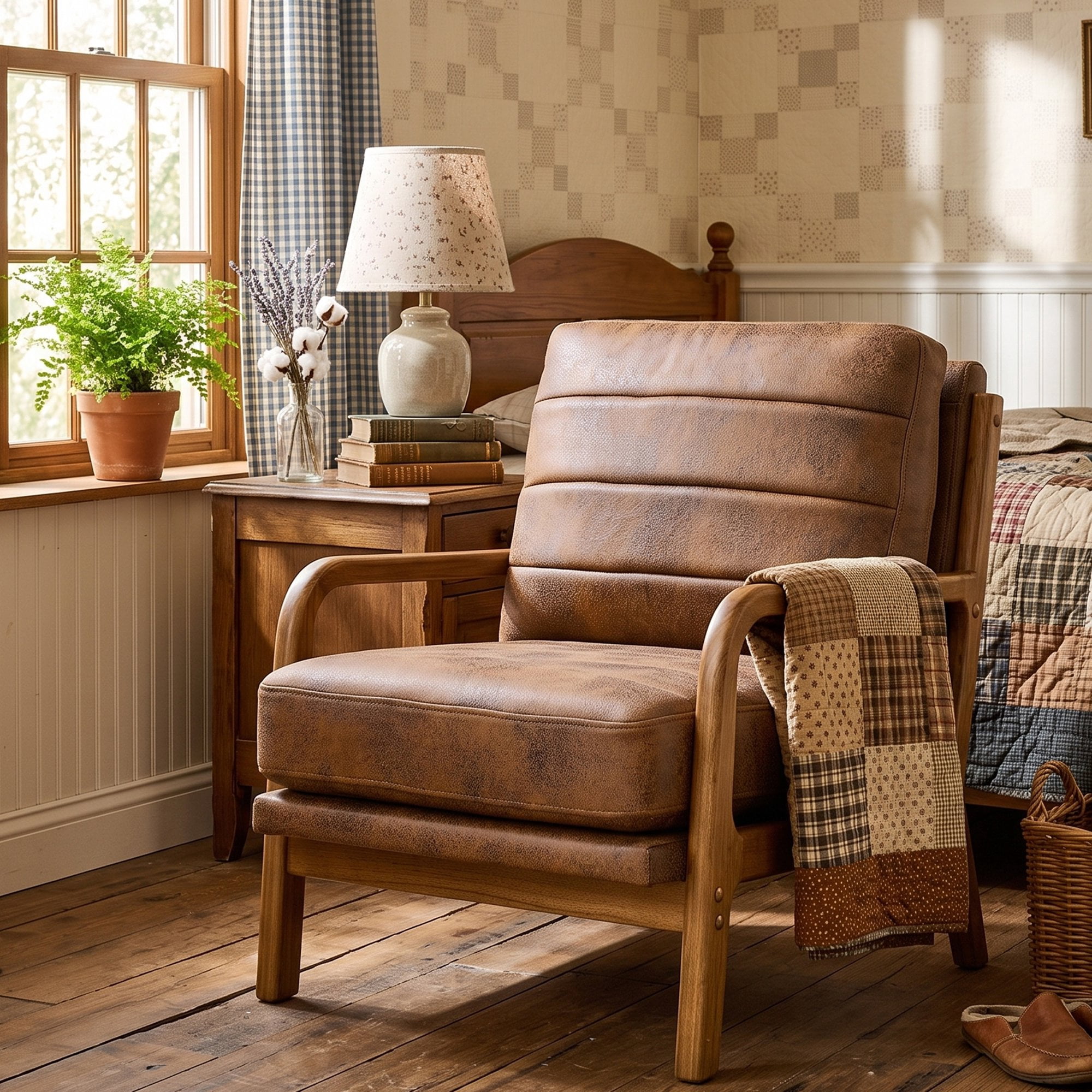 Homy Casa Mid-Century Accent Chair, Upholstered Reading Chair with Wood Frame, Brown