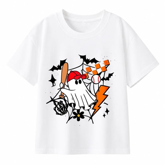 Boys' Halloween Baseball Ghost Graphic T-Shirt, Spooky Bat Web 100% Cotton Short Sleeve Shirt