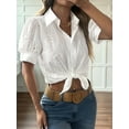 thumbnail image 4 of Women'S Short Sleeve Button Down Collared Blouses Embroidery Eyelet Top White L, 4 of 8