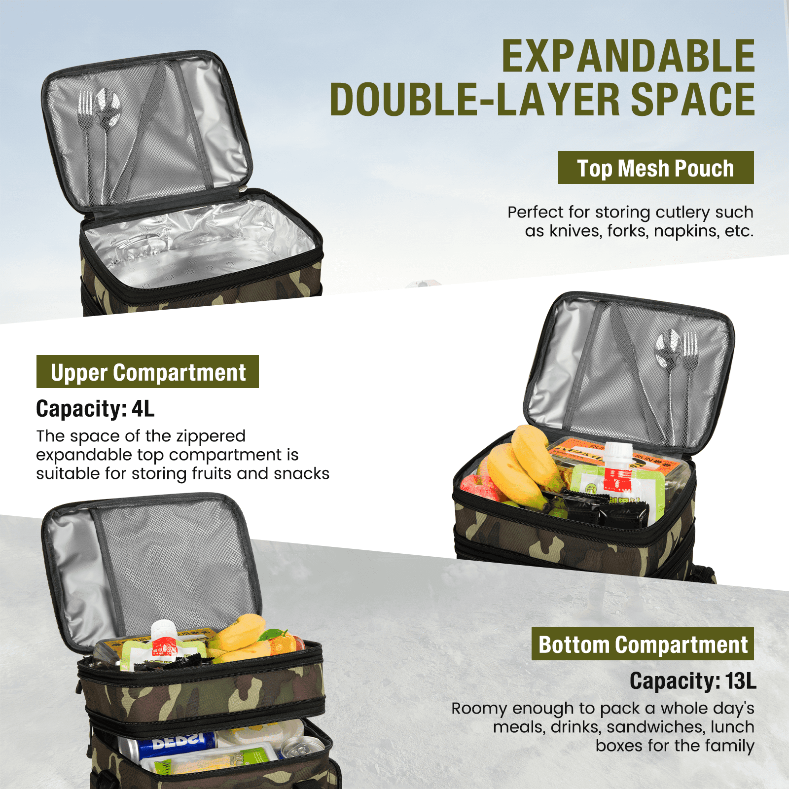 Lunch Bag for Men, 24L Expandable Insulated Lunch Box with Side Pockets, Double Deck Leakproof Cooler Tote Bag with Adjustable Shoulder Strap, 24 Can, Suit for Office/Picnic/Camping/Beach, Camo Green