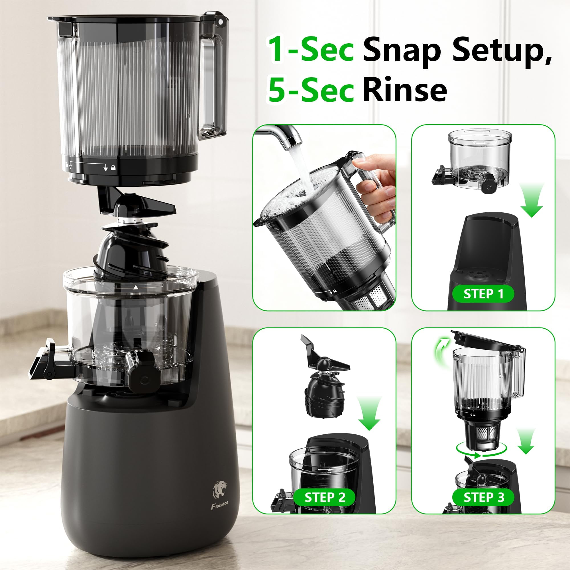 Cofiyard Cold Press Juicer, 6" Wide Feed Chute Slow Masticating Juicer Machine, Self Precut System, High Juice Yield, BPA-Free, Extra one Replace Juicer Strainer, Dark Gray
