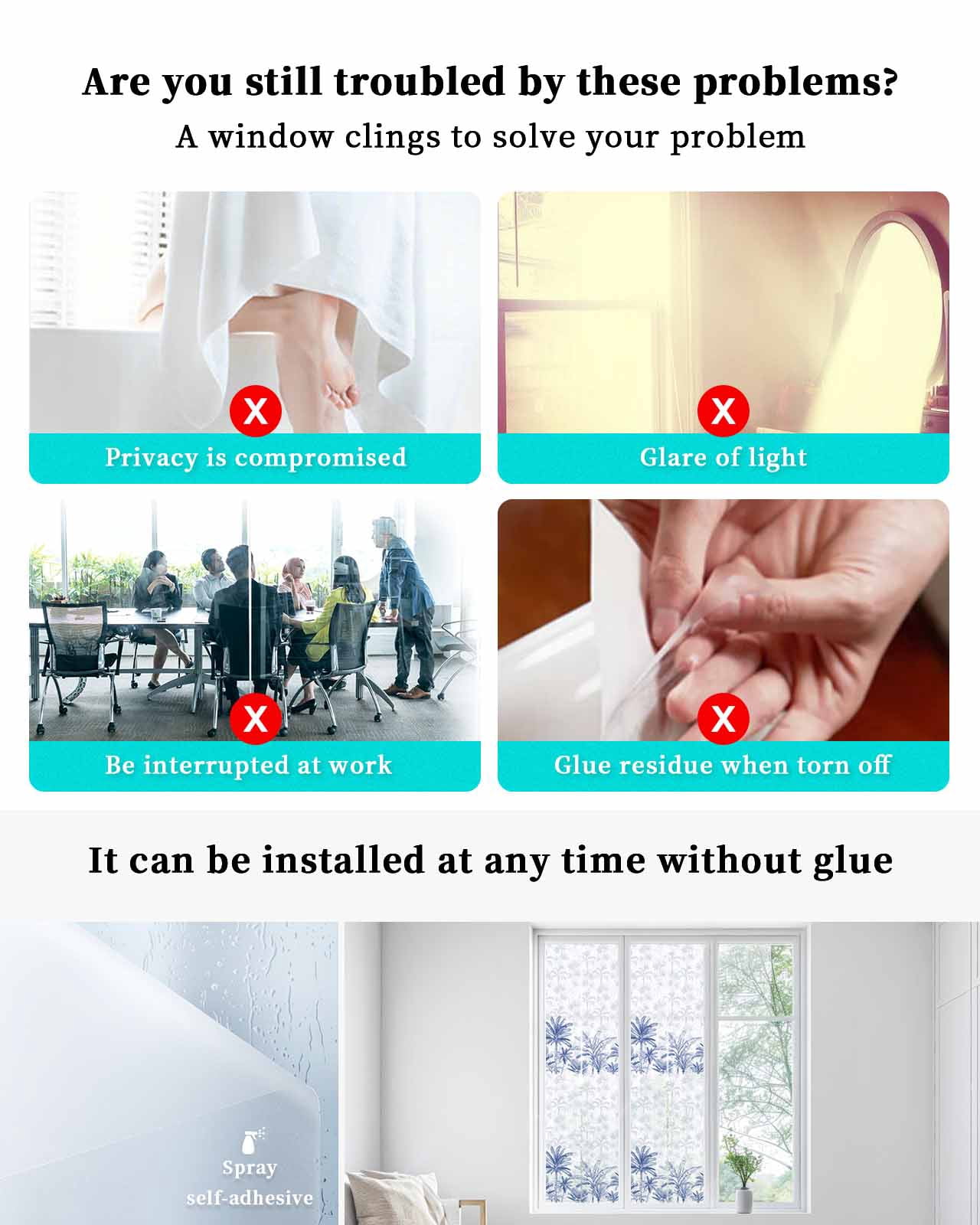 Window Privacy Film, Blue Tropical Palm Tree UV Sun Blocking Window Tint Film Heat Control One Way Blackout Window Film, Summer Botanical Monstera Plants Non Adhesive Static Cling Sticker 29.5x118 In