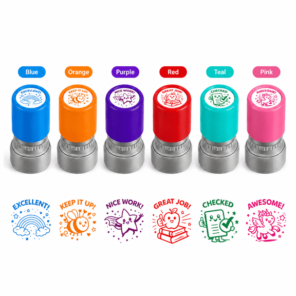 6PS Teacher Stamps for Classroom, Self Inking Grading Stamps Set, Motivational Reward Stamps with Unicorn, Rainbow, Bee & Star, Classroom Essentials for Elementary School & Homeschool