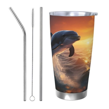 

Logiee Sunset Dancing Dolphin Print 20OZ Car Cup with Lid Stainless Steel Vacuum Insulated Double Wall Travel Tumbler Durable Insulated Coffee Mug Thermal Cup with Straw-Straw Three-piece Set