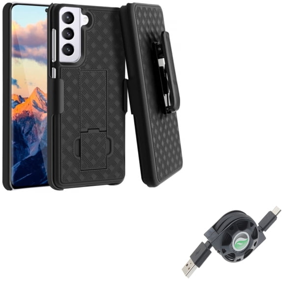 USB-C Cable w Case Belt Clip for Samsung Galaxy S21 - Retractable Type-C Charger, Holster Swivel Cover