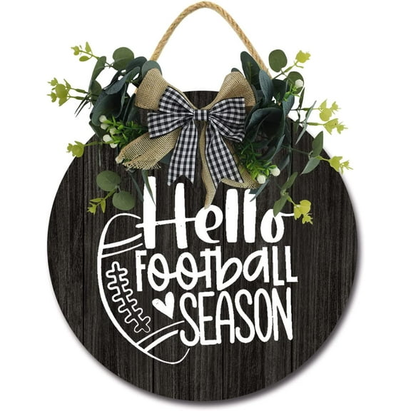 Eveokoki 12" Football Decoration Sign，Hello Football Season Door Sign for Party Decoration Yard Rustic Round Wooden Hanging Football Wreaths for Home Wall Decor Gift Outdoor Indoor