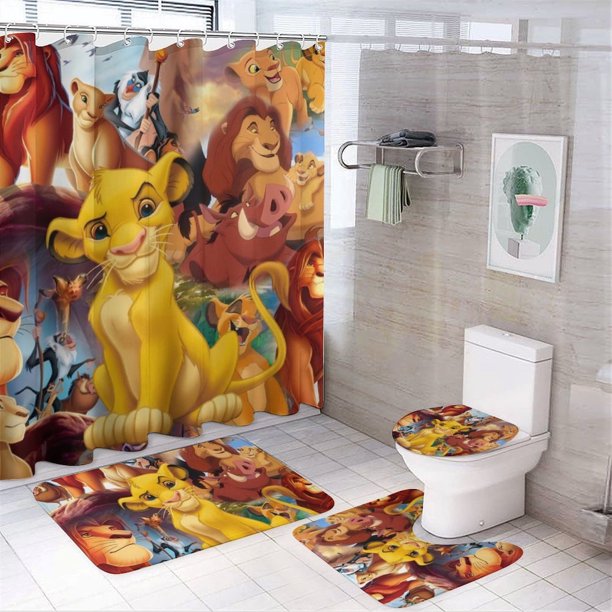 Juego de 4 cortinas de ducha de El Rey León con alfombrillas antideslizantes, tapa de inodoro y alfombrilla de baño, cortina de ducha impermeable con decoración de dibujos animados para baño con 12