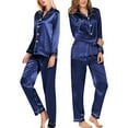 thumbnail image 2 of Womens Silk Satin Pajamas, PUTUO 2PC Womens Pajama Sets, Soft Long Sleeve Pajamas for Women Button Down Silk Satin Loungewear Set with Pockets, 2 of 8
