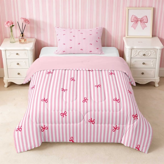 Erosebridal Line Art Bow Stripe Twin Comforter Sets for Girls, Minimalist Girly Ditsy Print Bedding Set, Pink Reversible 2pcs 1 Comforter and 1 Pillowcase