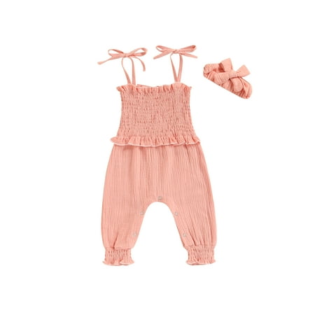 

Amuver Newborn Girl Outfits Infants Solid Color Ruffle Trim Elastic Waist Ruched Sleeveless Sling Jumpsuit with Bowknot Headband