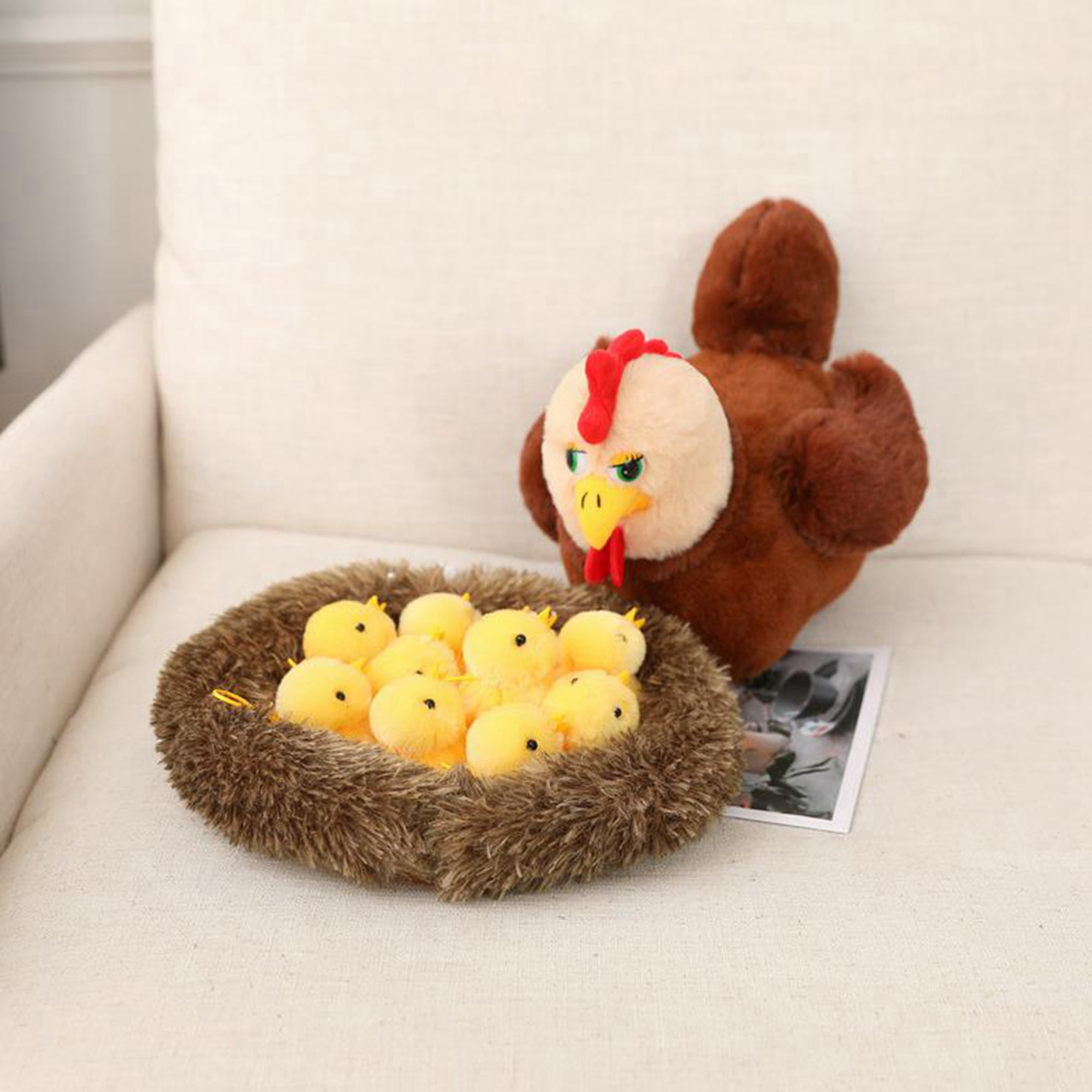 Vigorbear Cartoon Animal Plush Toy Set 12inch Hen Stuffed Animal Doll with Chicks and Nest Chicken Plushies Toys for Children Kids