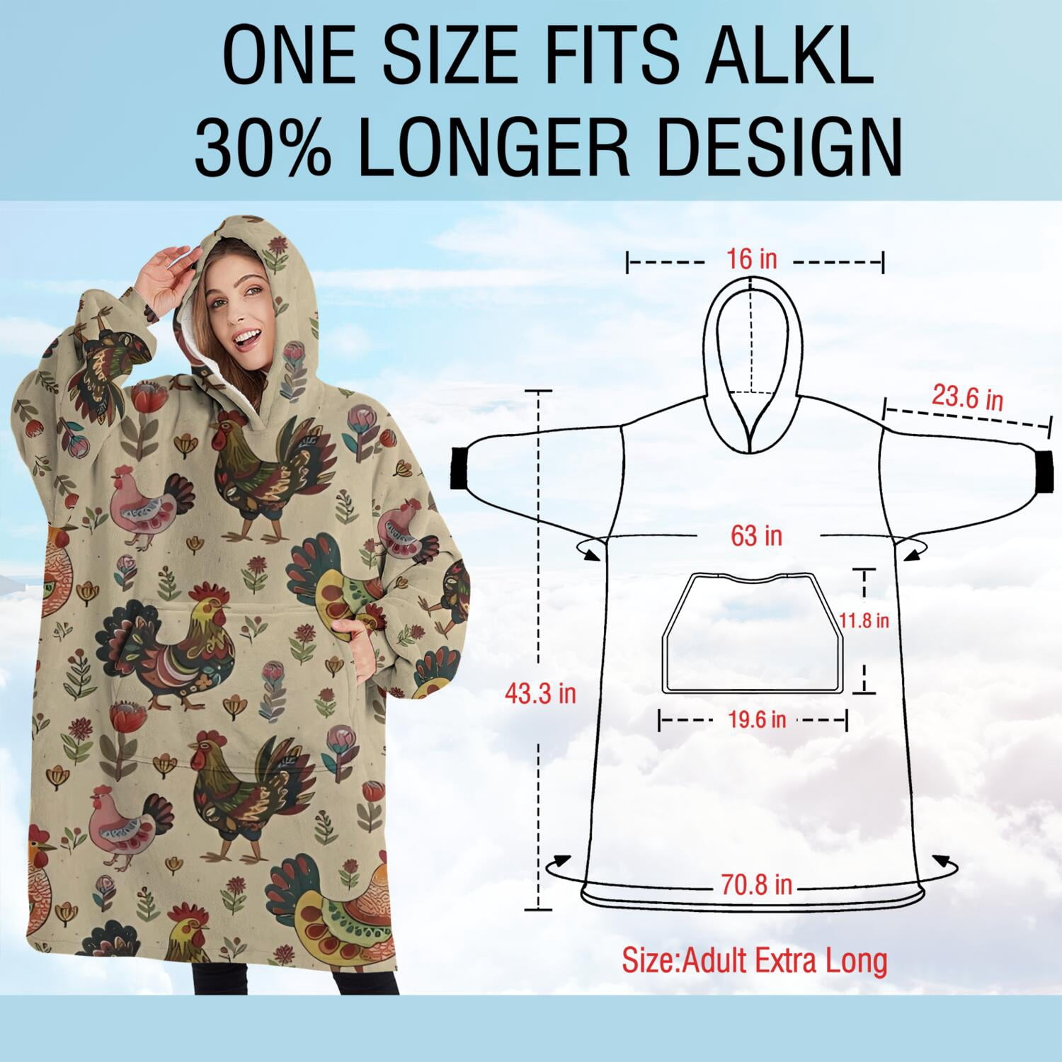Oversized Wearable Blanket Hoodie,Beige Chicken Folk Pattern Sherpa Blanket Hoodie with Super Pockets,Super Warm Fuzzy Pullover for Women & Men