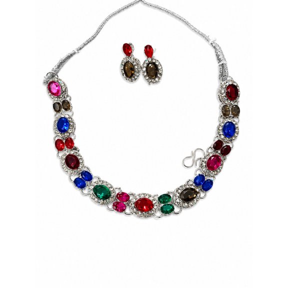 RK Art Jewelry - Women's Multicolor Crystal Necklace Set with Earrings, Silver Tone Statement Jewelry for Wedding, Party & Festive Wear