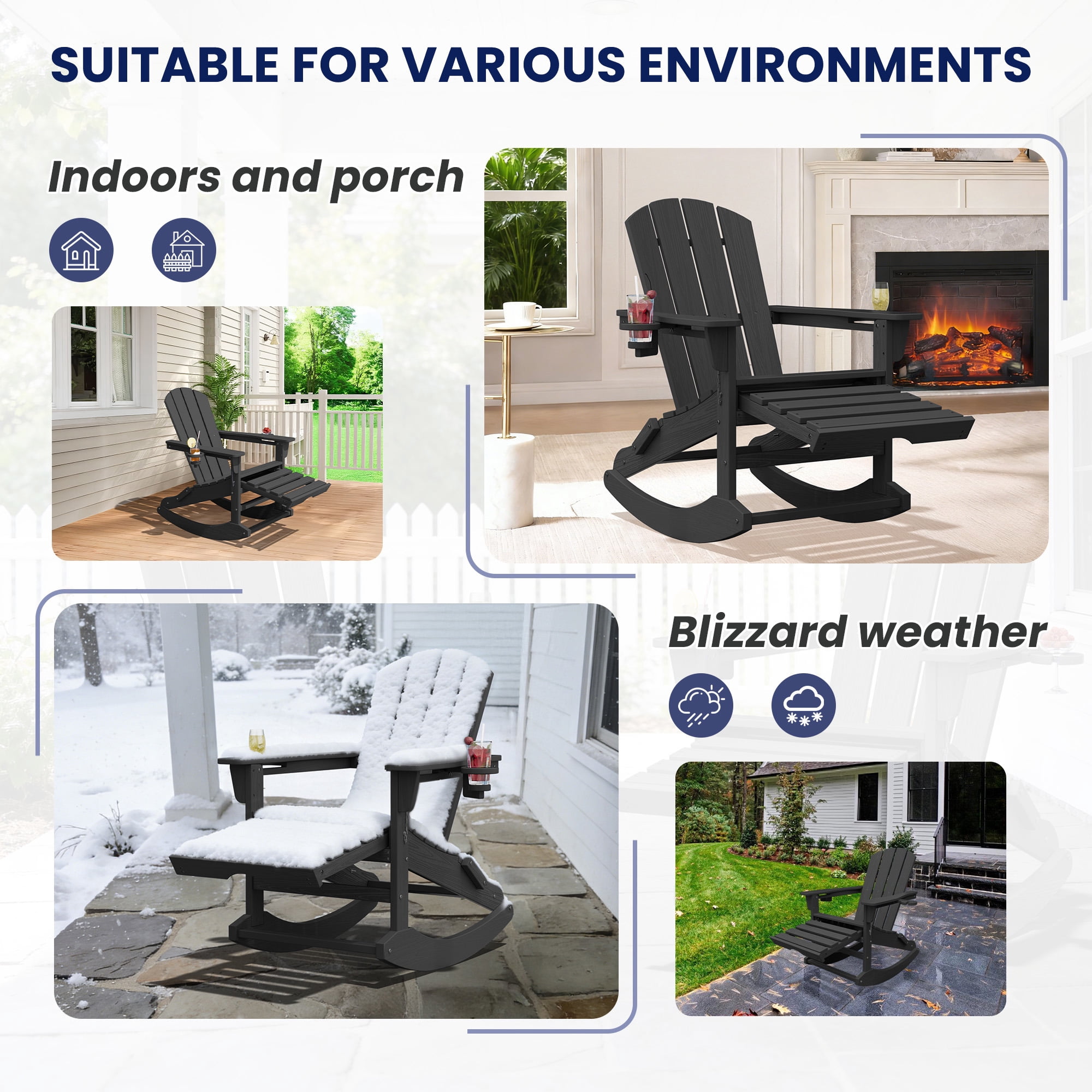 KINGYES Adirondack Rocking Chair Set of 2 with Retractable Ottoman and Cup Holders, HDPE Adirondack Rocker, Patio Rocking Chair for Porch, Patio, Black