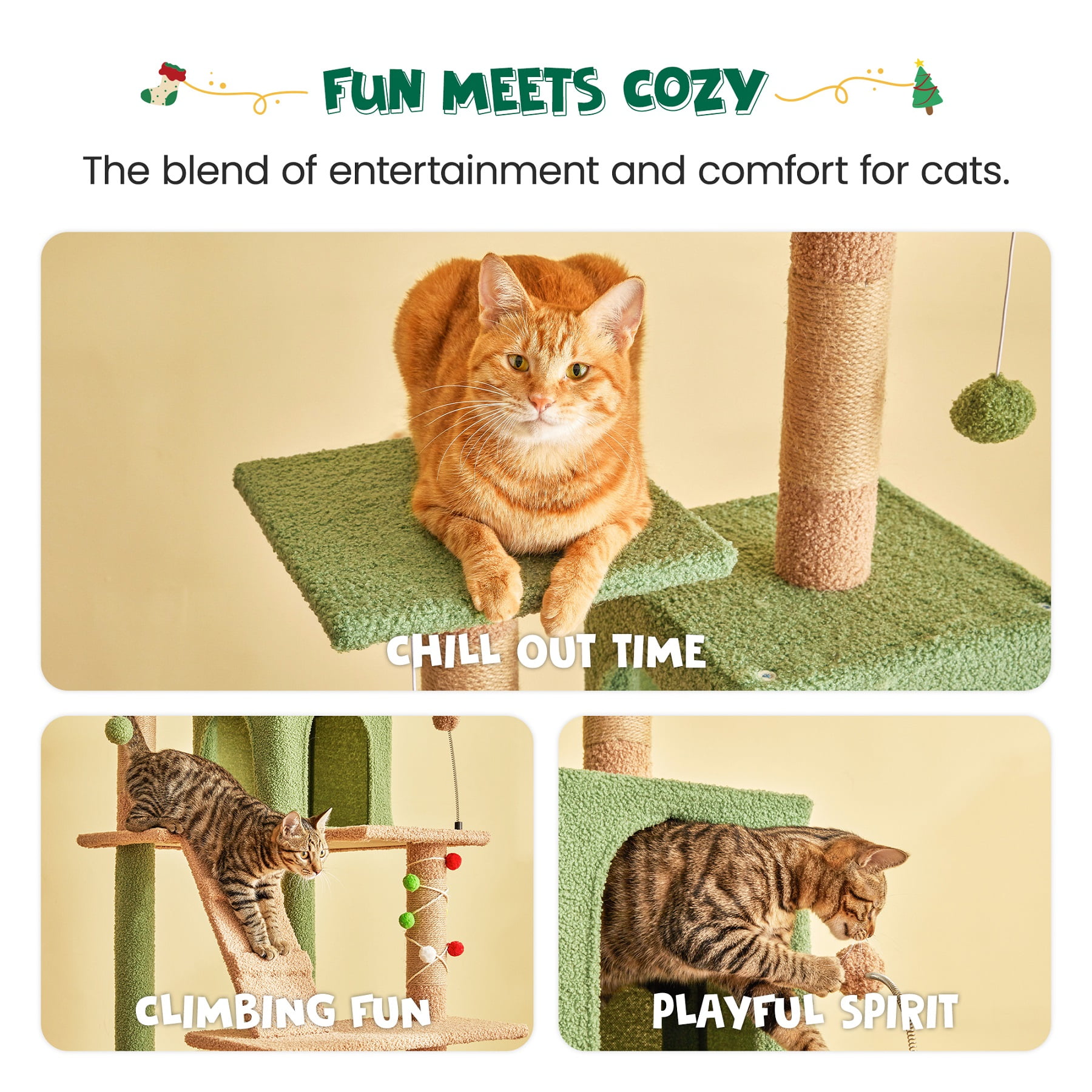 MWPO 63.8" Multi-Level Cat Tree with Condo and Scratching Post Tower, Green