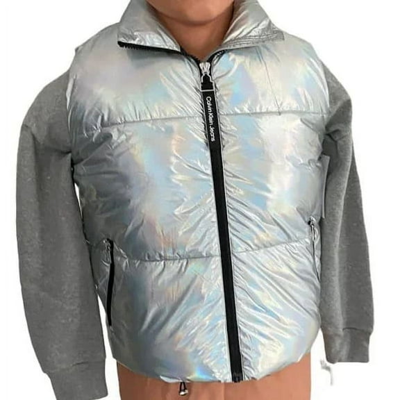 $149 Calvin Klein Iridescent Puffer sleevless  Zipper Vest , Silver , XL