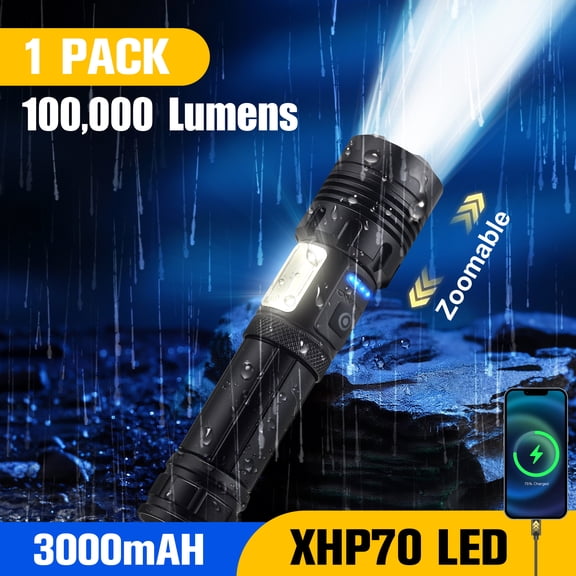 YTAKY Powerful Flashlight 100000 Lumens, USB Rechargeable Waterproof, Super Bright XHP70.2 Handheld Flashlight,Zoomable Torch for Hiking Camping