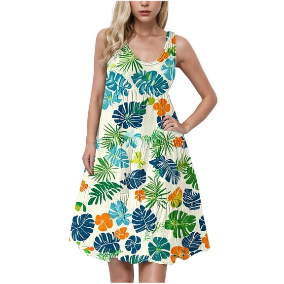 Hrsba Sundresses for Women Beach,Sleeveless Crew Neck Print Ruffled Tiered Dress for Summer Outdoor Wear