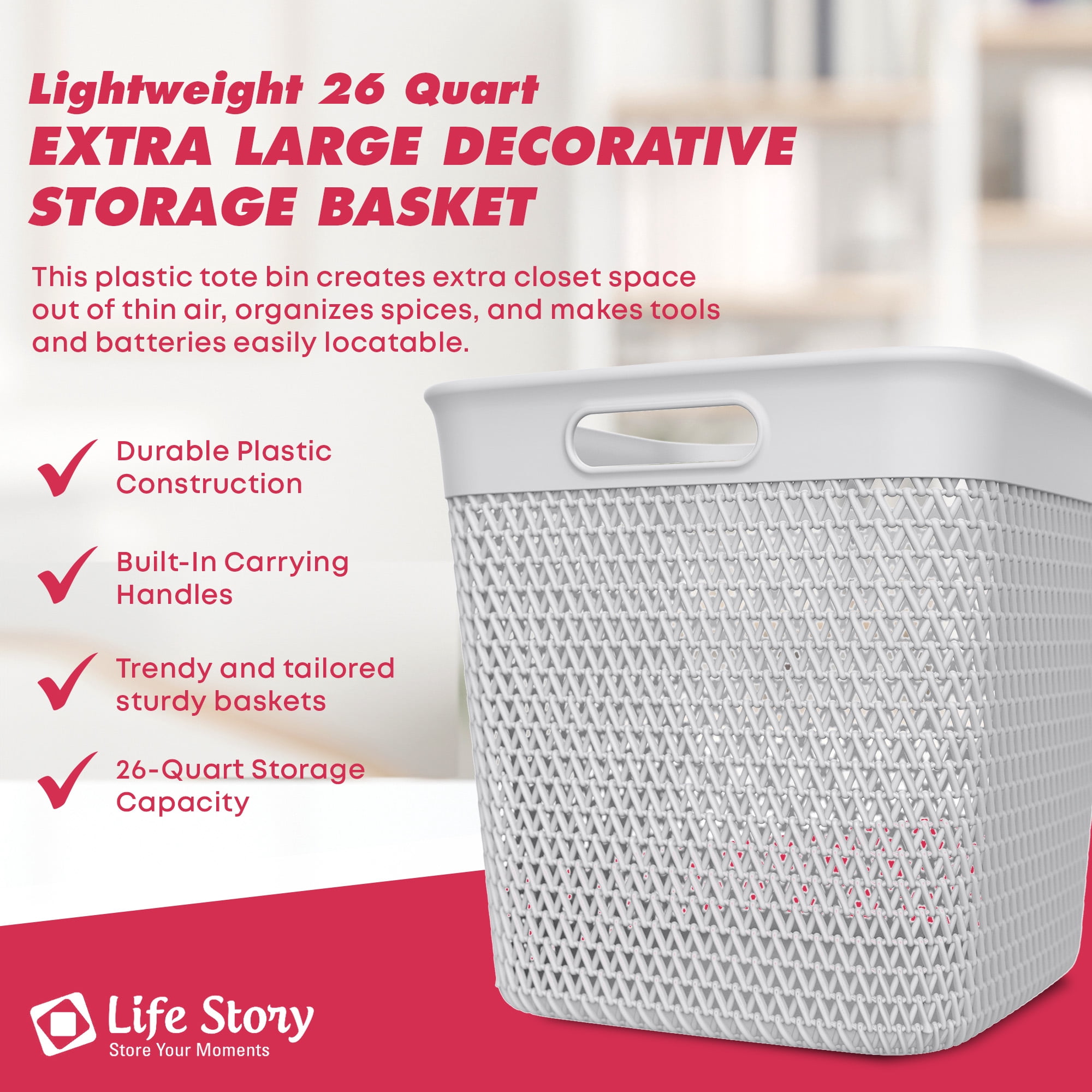 Life Story 26 Quart Decorative Storage Basket, Extra Large Plastic Home Organizer, White