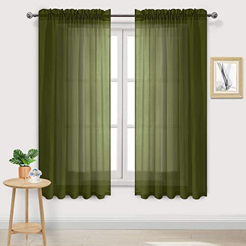 DWCN Olive Green Sheer Curtains Semi Transparent Voile Rod Pocket Curtains for Bedroom and Living Room, 60 x 63 inches Long, Set of 2 Panels
