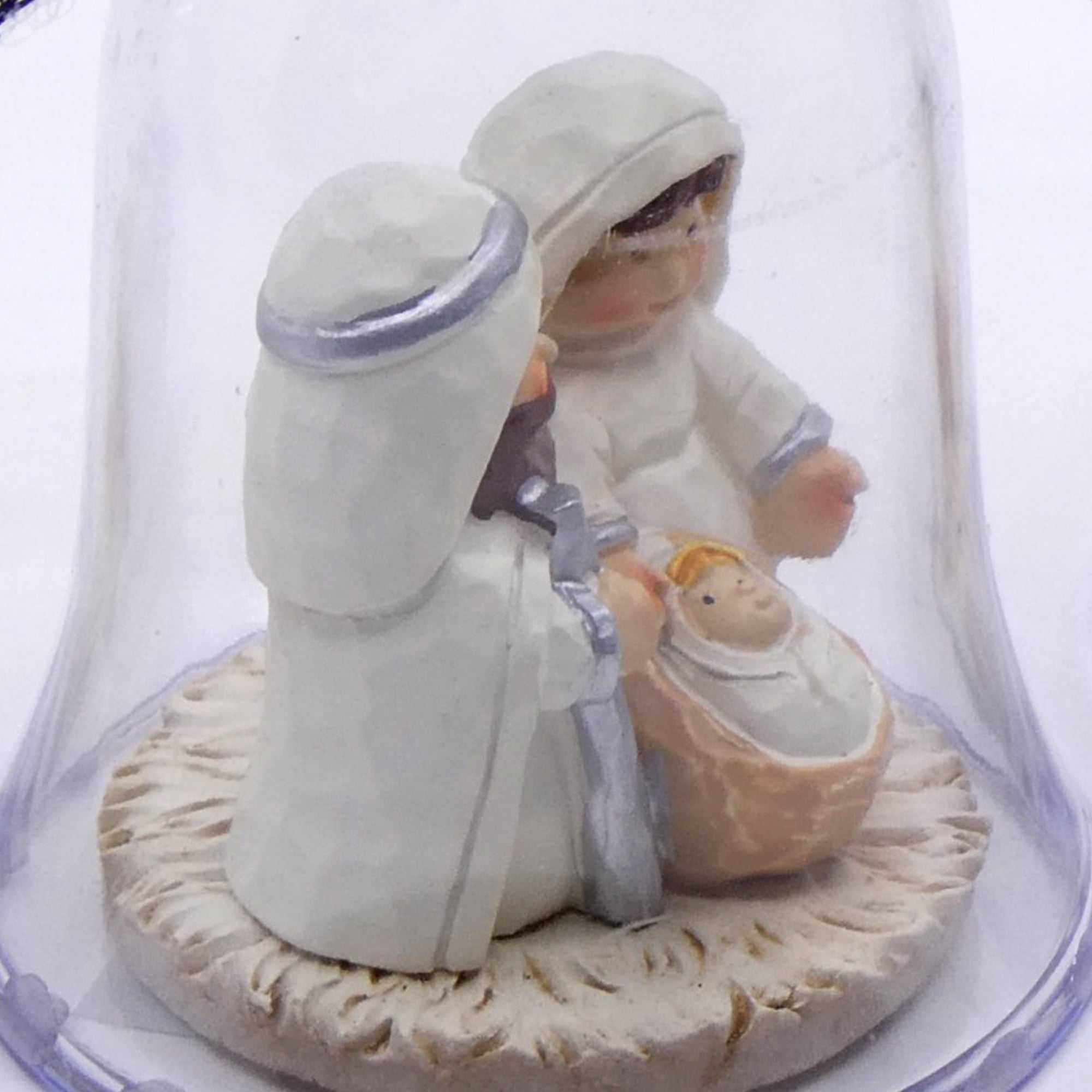 3 pack of Nativity Scene Christmas Tree Ornaments– Adorable Miniature Holy Family figurine Featuring Mary, Joseph and Baby Jesus inside a clear Acrylic Bell shaped Decoration with Silver Ribbon Bow.