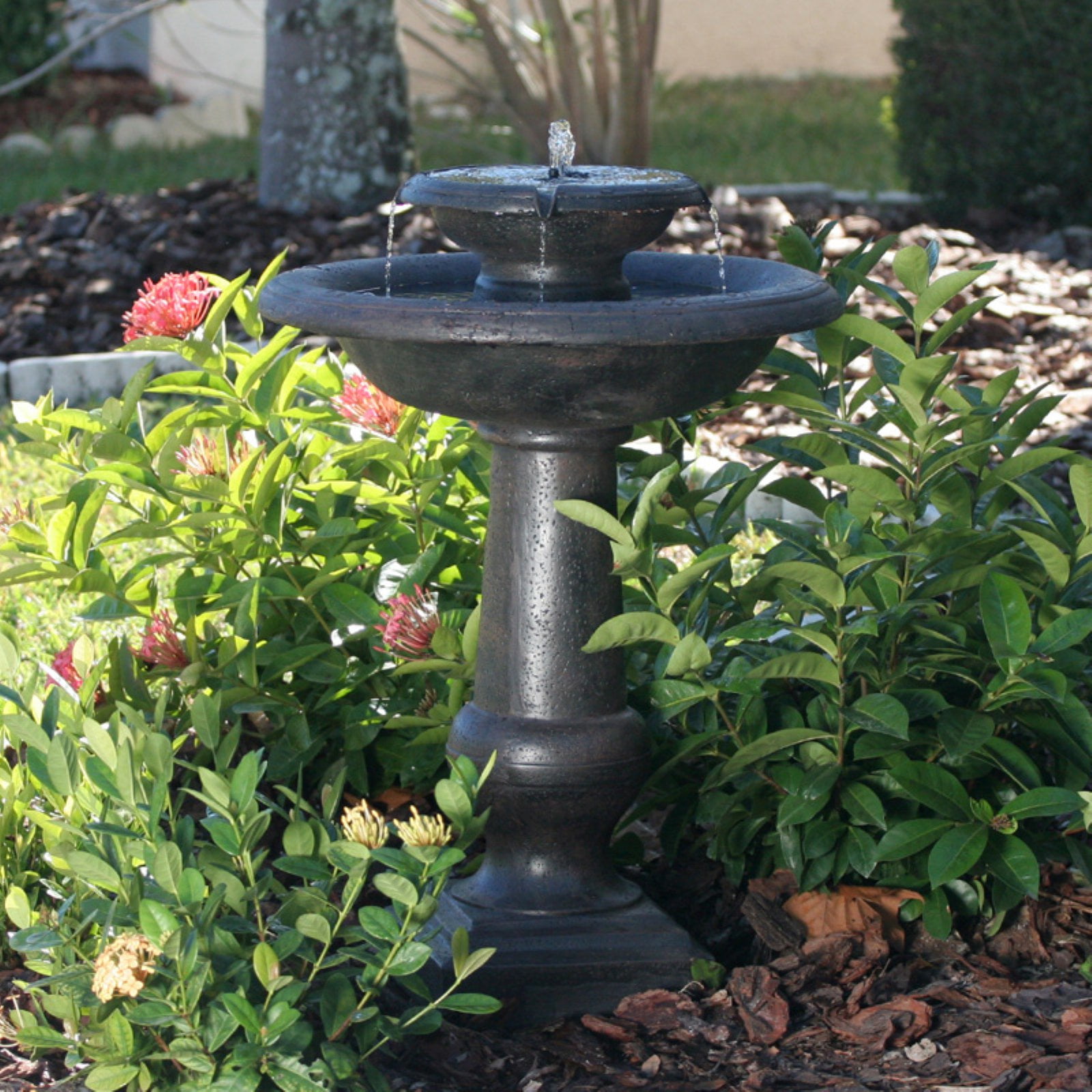 Outdoor Water Fountain Solar-On-Demand  2 Tiered Weathered Stone Garden Backyard 