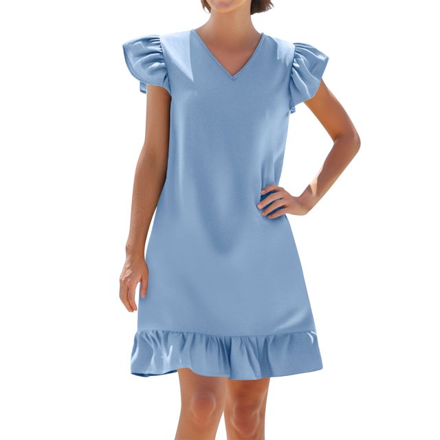 Admvng Robes d'Été pour Femmes Mignonnes Décontractées Couleur Unie Col en V Ourlet à Volants Robe de Plage Décontractée P-2TG