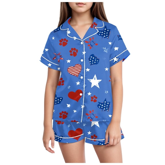 WUANDIXFA Girls Boys Satin Pajamas Sets Kids Silk Sleepwear Summer Nightwear 4-13 Years (Blue, 6-7 Years)