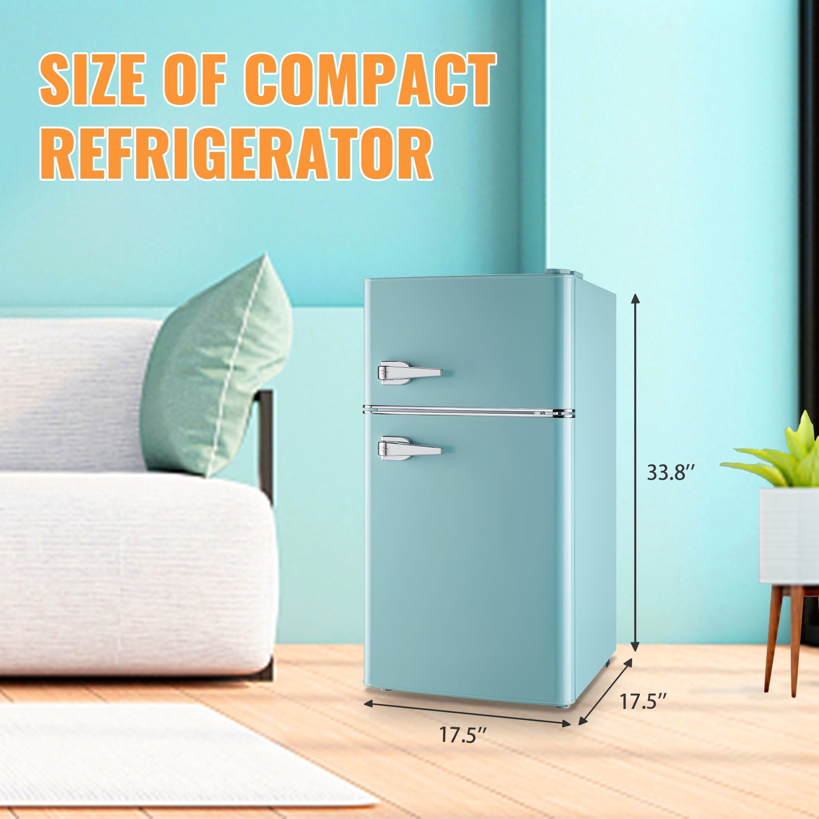 WANAI Small Retro Dual Door Refrigerator 3.5 Cu.ft Blue Fridge with Freezer for Dorm Apartment New