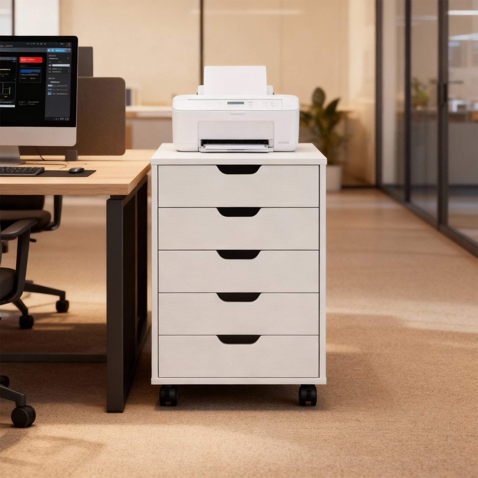 Ktaxon Mobile 5 Drawer File Cabinet Rolling Storage Cart Wood File Cabinet with Wheels, White