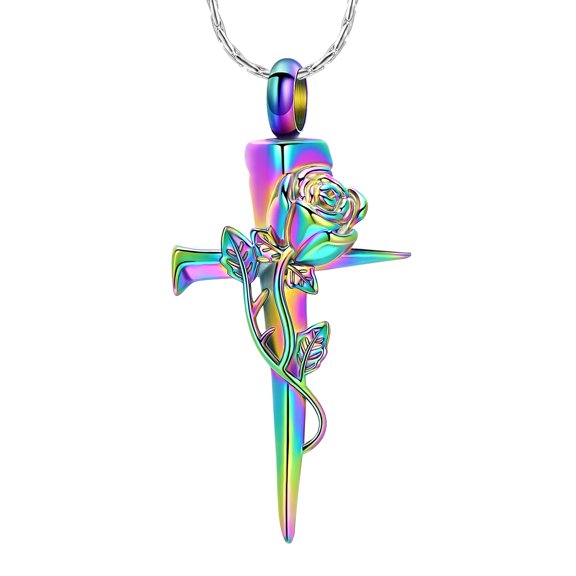 Stainless Steel Rose Nail Cross Urn Pendant Cremation Jewelry for Ashes Holder Memory Necklace Memorial Jewelry