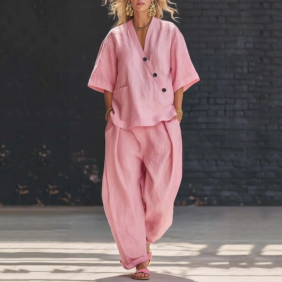 longantii Two Piece Outfits for Women Ruffle Design Sleeveless V-Neck Tees Trendy Flowy Wide Leg Drawstring Trousers Modern Fit Sweatsuits with Multi-Pocket Pink XL