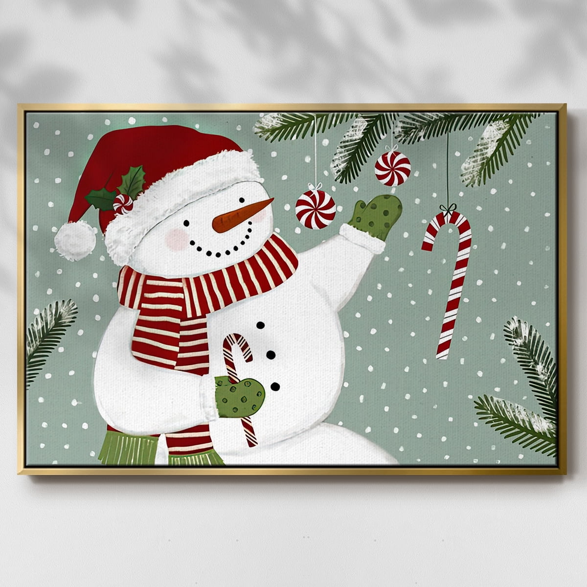 Peppermint Snowman Collection A - Framed Gallery Wrapped Holiday Canvas - 25 x 37 - Gold Frame