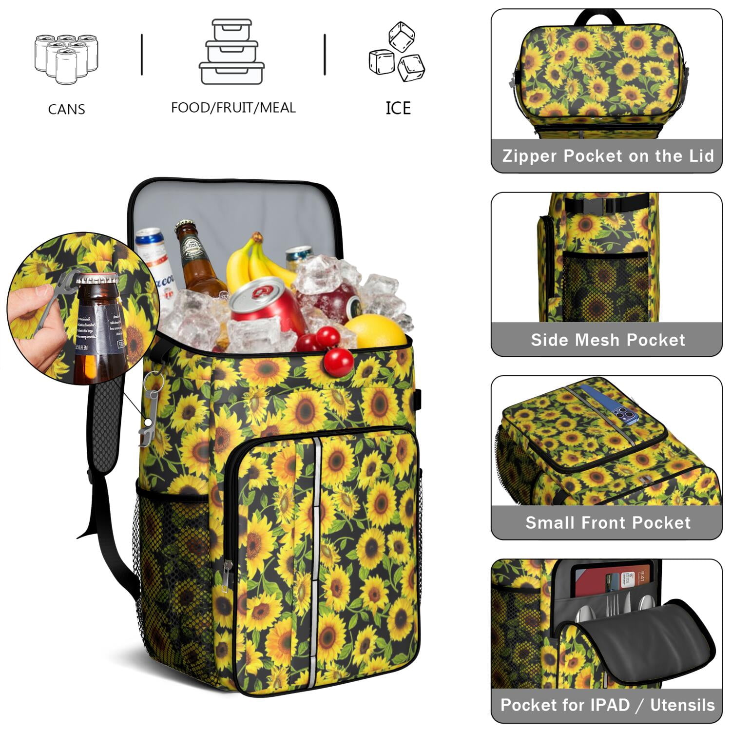 Travel Cooler Bag - Sunflower Camping Beer Cooler Backpack with Bottle Opener- Waterproof Insulated Picnic Backpacks - Cooler Bag for Beach