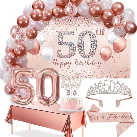 50th Birthday Decorations Balloon Set Women's Arch, Rose Gold 50th Birthday Banner and Party Tablecloth, Belt and Tiara, Pink Gold 50th Balloon, Pink Birthday Cake Top, Latex Balloon * 60