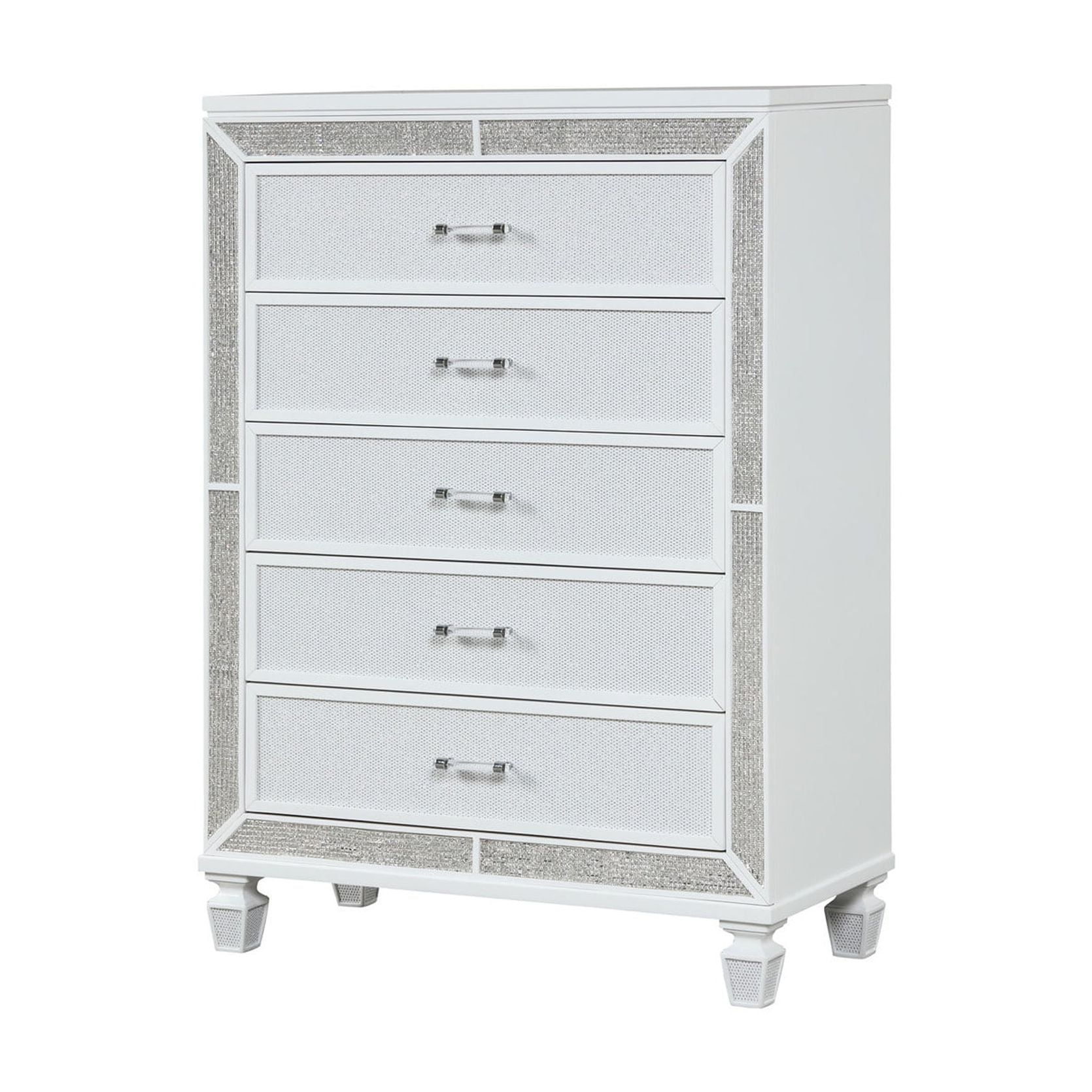 White Wood Chest with Crystal Accents | 5 Drawers for Bedroom Storage | Durable and Modern Storage Solution
