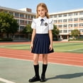 thumbnail image 2 of ZToonmas Girls 4 Piece Back to School Preppy Uniform Outfit Set for 3-15 Years Teens Ruffle Puff Short Sleeve Lapel Shirt and Pleated Skirt with Bow Tie and Crest Badge, 2 of 9