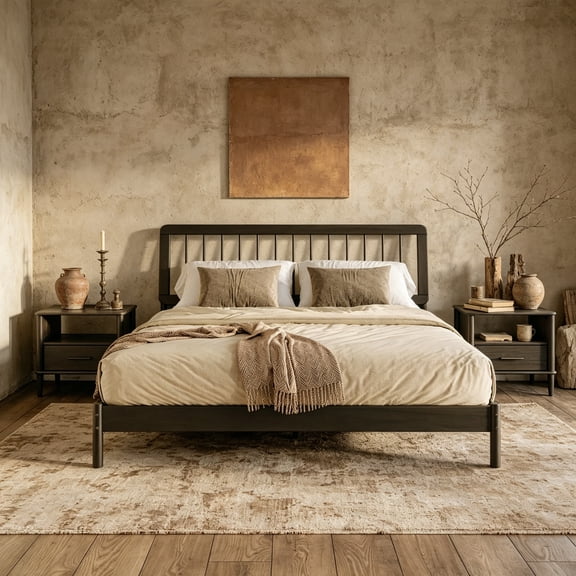 Mid-Century Modern Spindle Headboard King Bedframe, King Size, Black