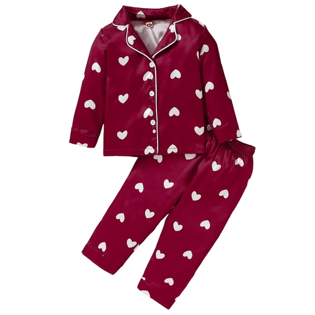 Conjunto de pijama de satén para bebé niña pequeña, con estampado de corazón, camisa con cuello de solapa y pantalones con cintura elástica, ropa de estar por casa para el día de San Valentín