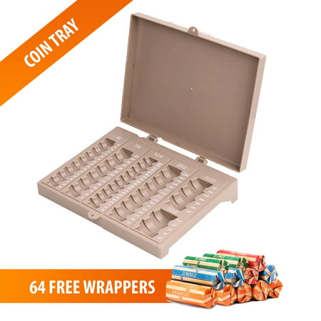 Coin Counter Sorter Money Tray – Bundled with 64 Coin Roll Wrappers Bundle – 6 Compartment Change Organizer and Holder with Secure Cover - Ideal for Bank, Business or Home
