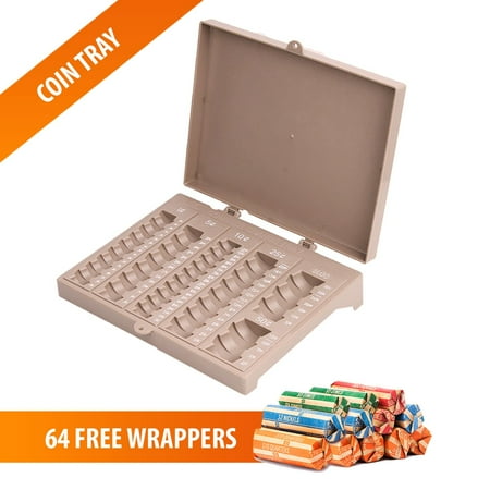 Coin Counter Sorter Money Tray – Bundled with 64 Coin Roll Wrappers Bundle – 6 Compartment Change Organizer and Holder with Secure Cover - Ideal for Bank, Business or Home Use