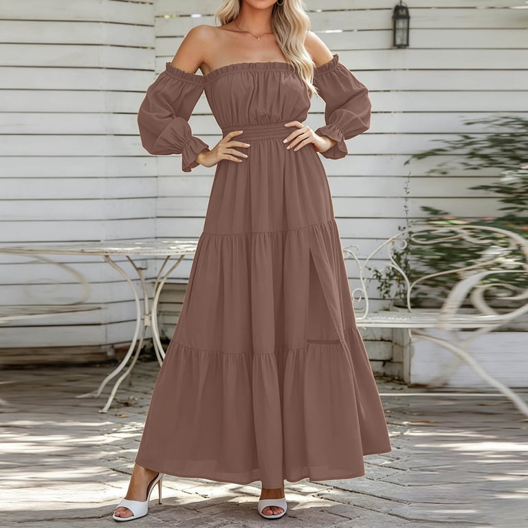 boho style wedding guest dresses Women's 2026 Off Shoulder Dress Long Sleeve Smocked High Waist Side Split Flowy Line Tiered Long Maxi Dress(Coffee,S) Boho Wedding Guest Dresses |