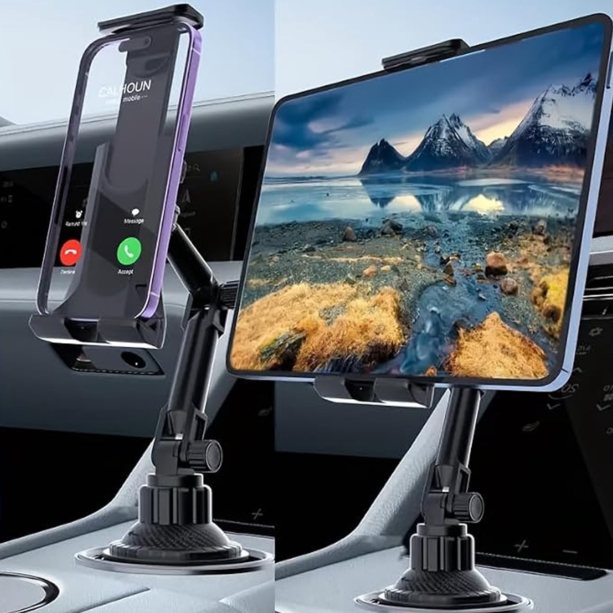 Cup Holder Car Tablet/Phone Mount, iPad Mount Holder for Car/Truck, 360° Rotation Adjustable Universal Tablet Stand Cradle Compatible with iPad , 4-13" Devices