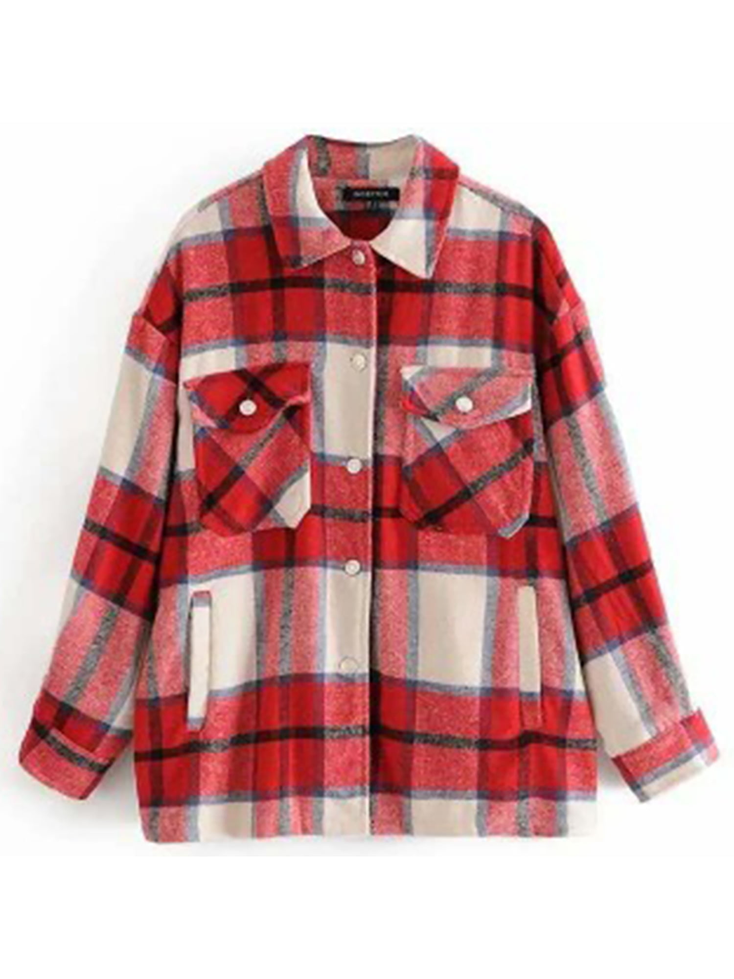 Women/‘s Casual Oversize Label Button Down Long Sleeve Blend Wood Plaid Shacket Jacket Coat