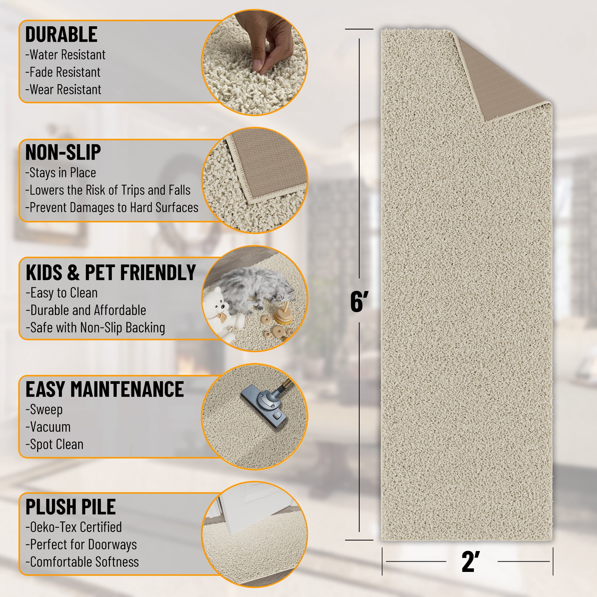 Sweet Home Stores Luxury Non-Slip Rubberback Solid 2x6 Soft Indoor Runner Rug, 2' x 6', Cream