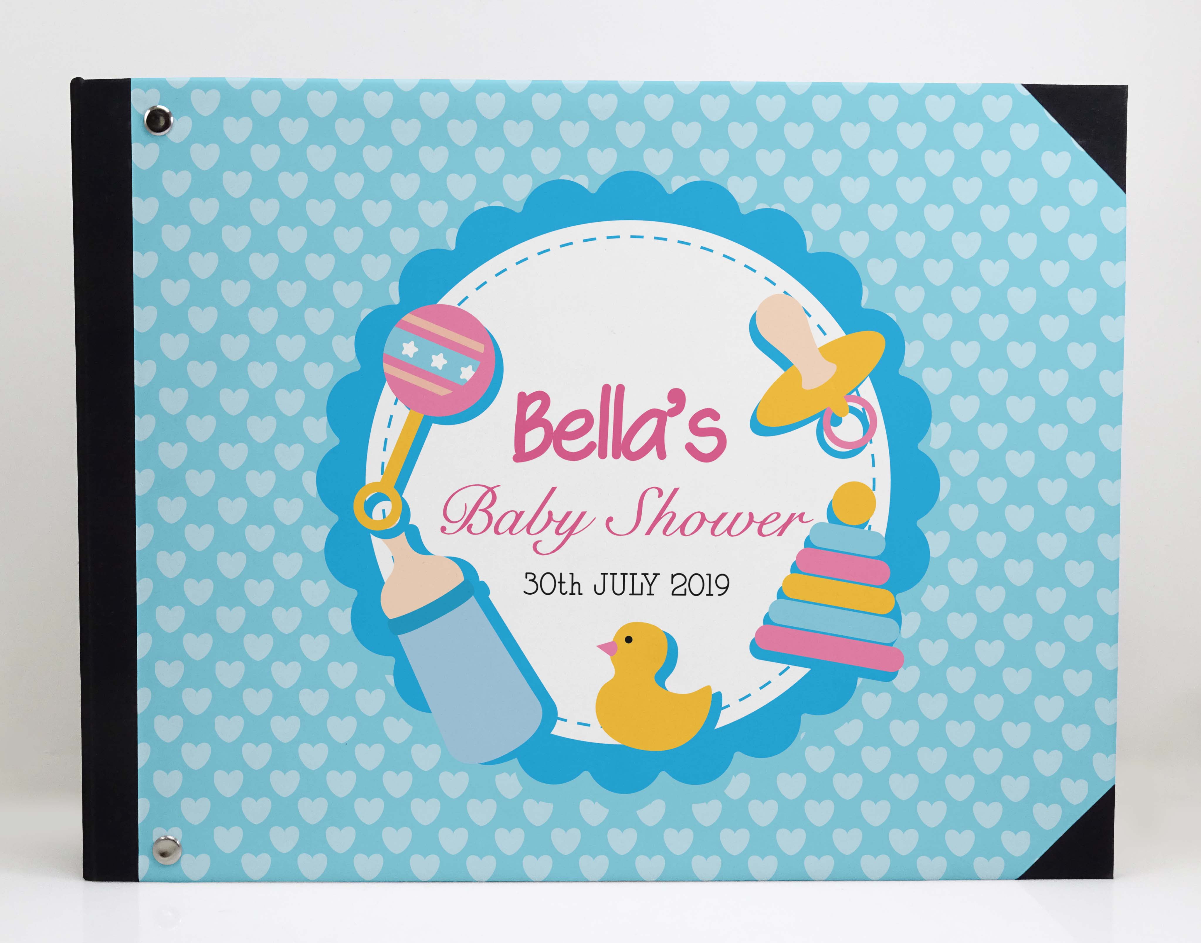 Darling Souvenir Blue Seamless Heart & Baby Objects Hardbound Cover Personalized Printed Baby Shower&nbsp;Guestbook&nbsp;Scrap&nbsp;book-9 x 12 Inches
