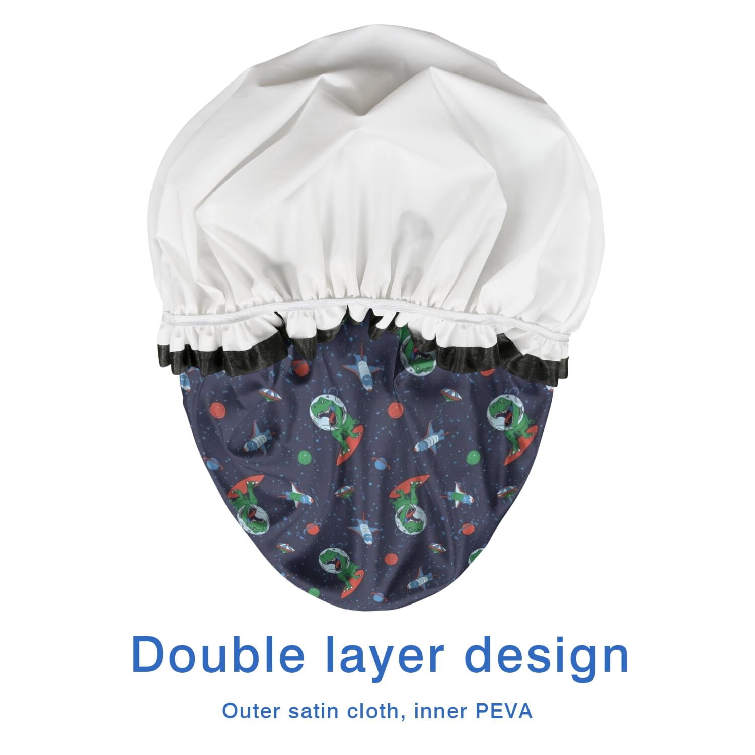 Shower Caps,Navy Dinosaurs Space Surfing Pattern Waterproof Shower Cap for Women 4 Pieces,Double Reusable Hair Cover for Shower PEVA Elastic Stretch Hem