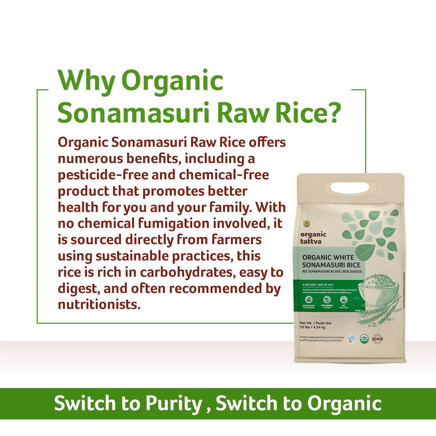 Organic Tattva White Medium Grain Rice 10LB, Lightweight & Naturally Aromatic Sonamasuri Rice, Vegan, Kosher, Non GMO, No Additives, Gluten Free, USDA Certified